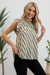 Geo Wave Print Sleeveless Ruffle Trim Blouse