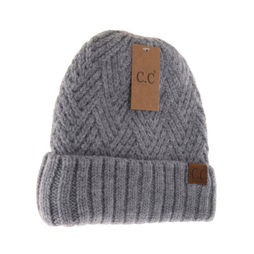 Fuzzy Lined Crisscross Knit C.C Beanie: Lt. Grey