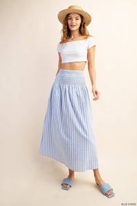 Rayon Striped Lined Midi Skirt w/ Smocked Waist