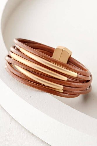 On The Rail Leather Gold Metal Plated Cuff Bracelet - Camel