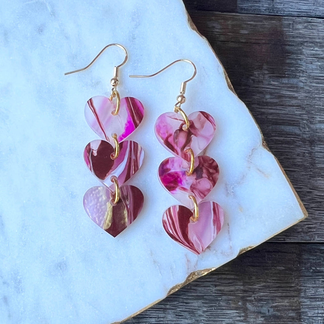 Valentine's Day Earrings - Marble Pink Cascading Hearts