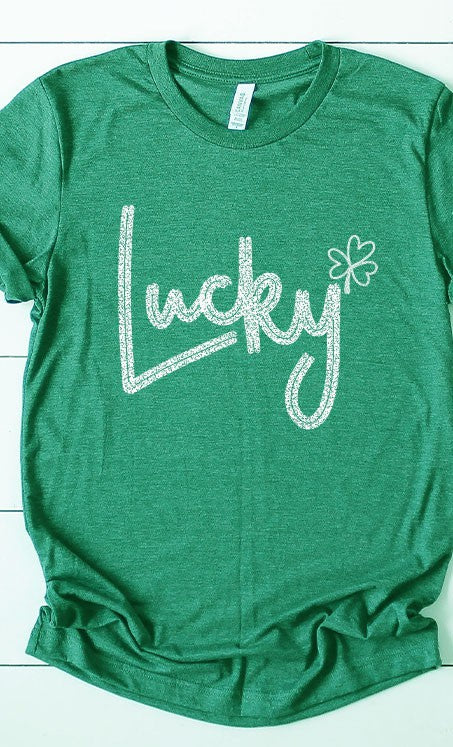 Distressed Lucky Graphic Tee with Clover