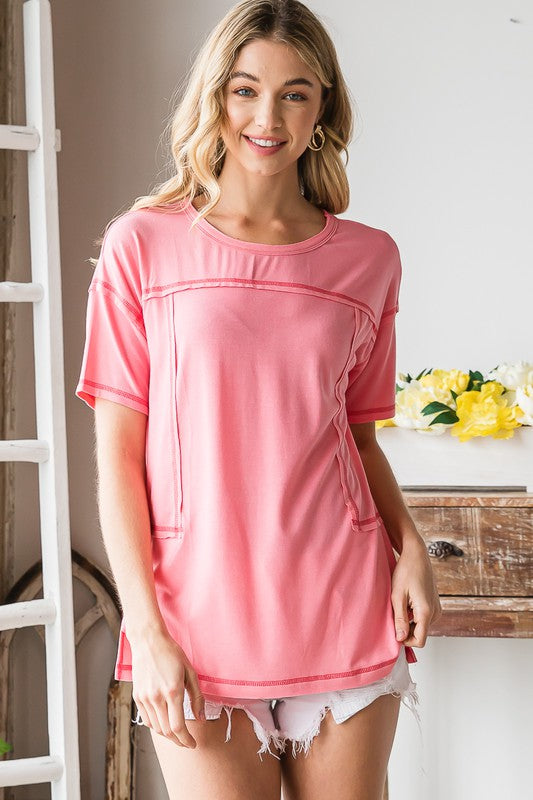 Super Soft Knit Top with Raw Edges (Pink)