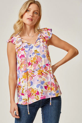 Floral Blouse with Ruffled Capped Sleeves