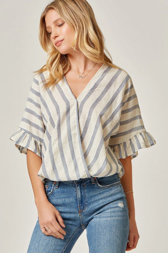 Striped Surplice Woven Top with Ruffle Sleeves