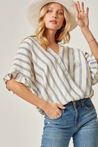 Striped Surplice Woven Top with Ruffle Sleeves