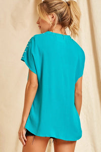 Turquoise Embroidered V-Neck Top