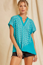 Turquoise Embroidered V-Neck Top
