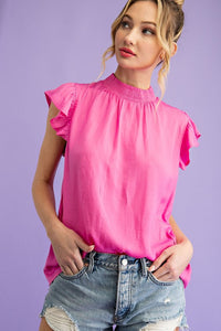 Smocked Mock Neck Blouse with Ruffle Sleeves PINK
