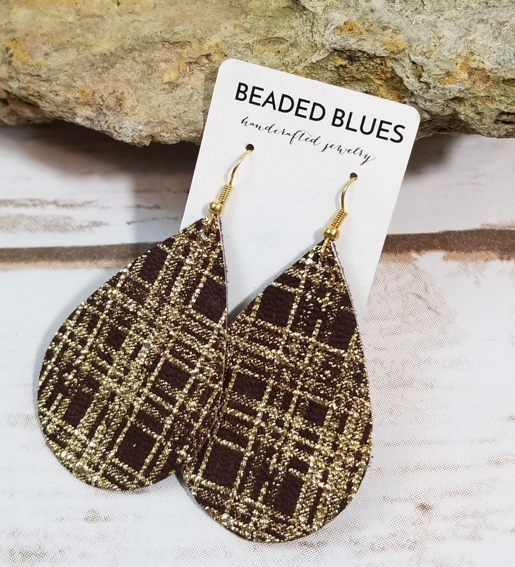 Burgundy/Gold Plaid Teardrop Leather Earrings
