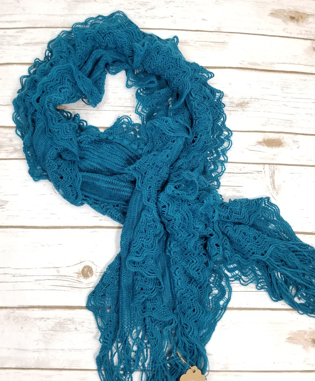 Knitted Ruffle Detail 4-Layer Scalloped Fringe Scarf (Teal)