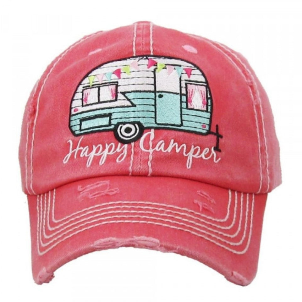 Happy Camper Vintage Baseball Cap (Coral)