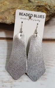 Silver Textured Oblong Diamond Leather Earrings