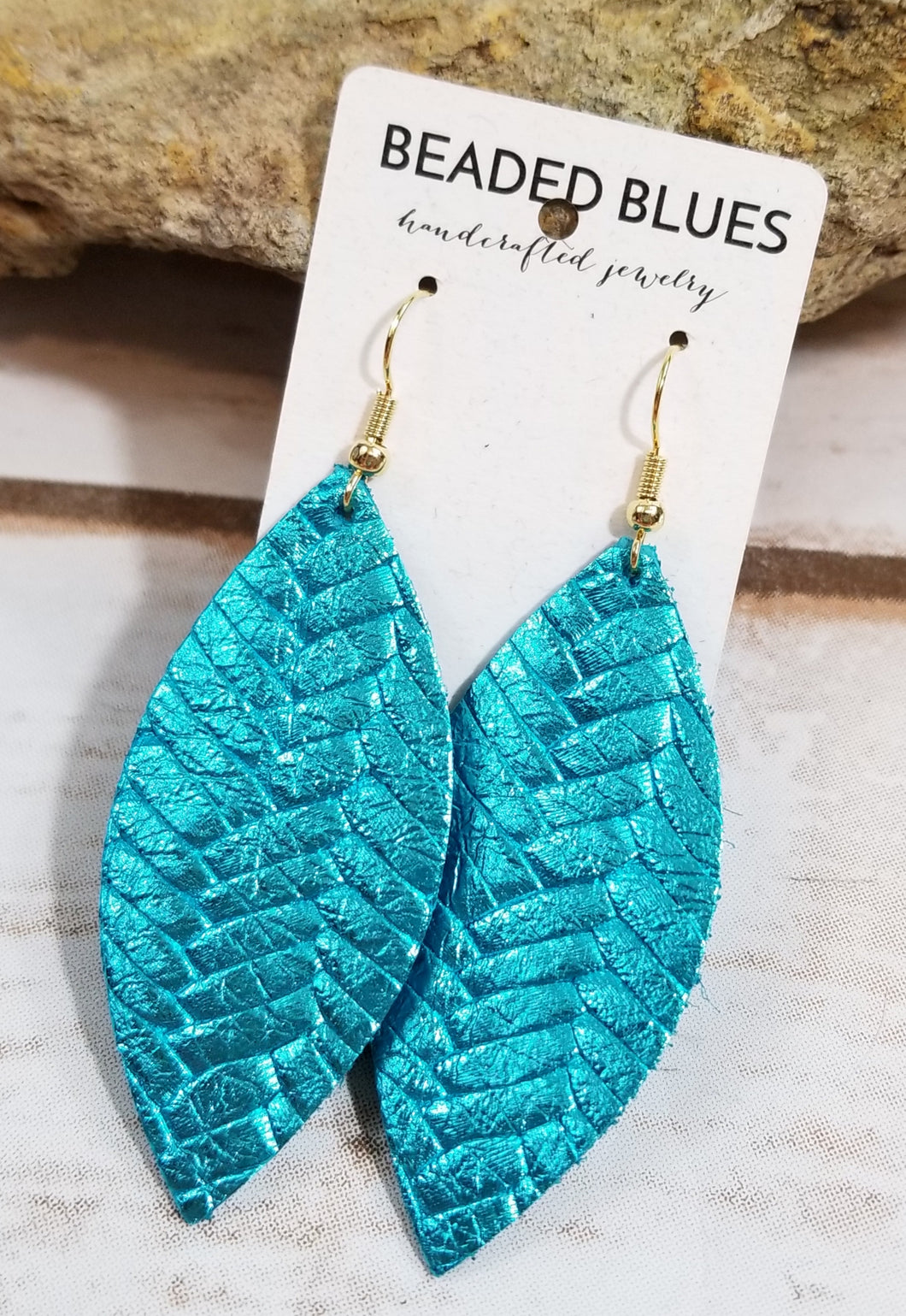 Shiny Turquoise Woven Textured Marquise Leather Earrings