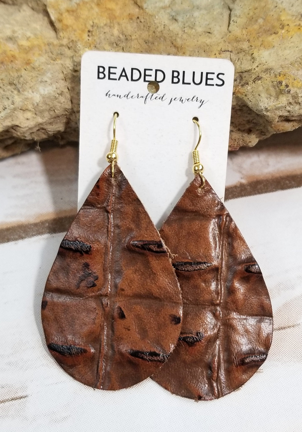 Brown Bumpy Textured Leather Teardrop Leather Earrings
