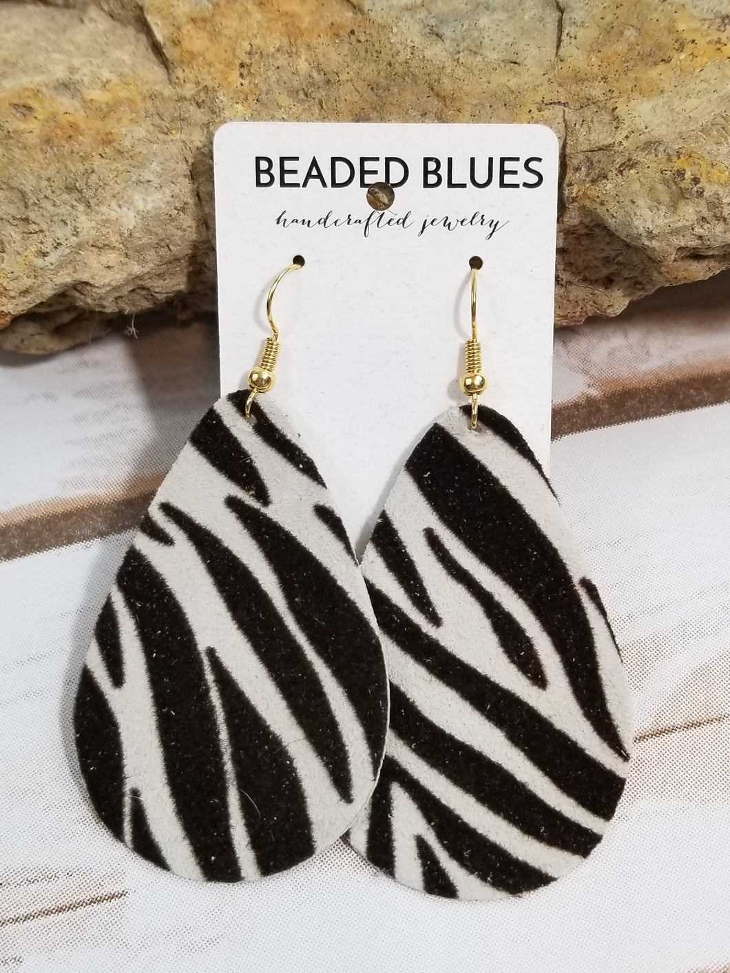 Black/White Zebra Print Felt/Leather Teardrop Leather Earrings