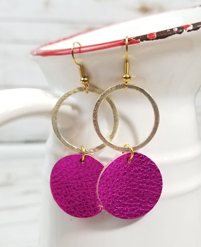 Gold Metal/Hot Pink Shimmer Circle Leather Earrings