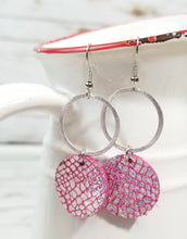 Silver Metal/Iridescent Hot Pink Snakeskin Textured Circle Leather Earrings