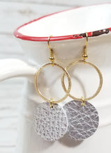 Gold Metal/Silver Shimmer Circle Leather Earrings