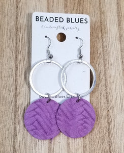 Silver Metal/Lavender Circle Leather Earrings