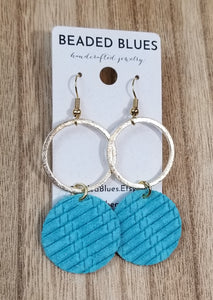 Gold Metal/Teal Woven Circle Leather Earrings