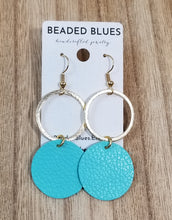 Gold Metal/Bright Teal Circle Leather Earrings