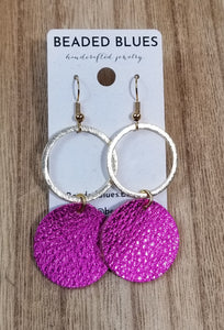 Gold Metal/Hot Pink Shimmer Circle Leather Earrings