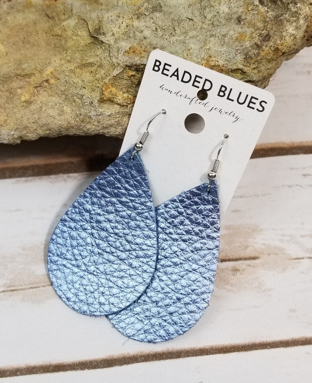 Shiny Steel Blue Textured Teardrop Leather Earrings
