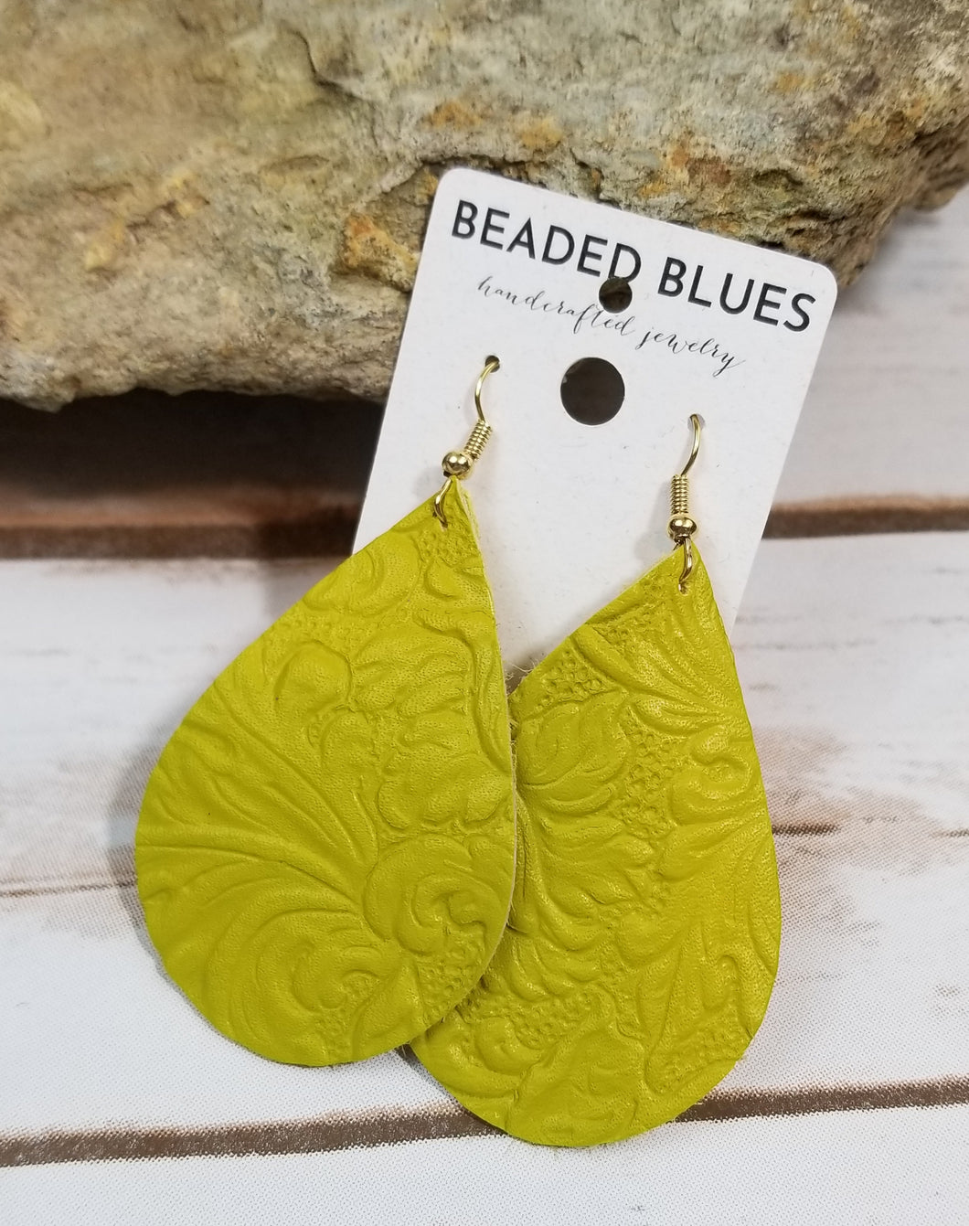 Bright Lemon Lime Floral Teardrop Leather Earrings