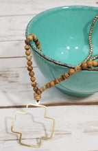 Long Wood Beaded Necklace w/ Gold Cross Like Pendant