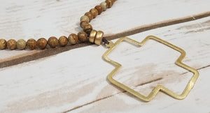 Long Wood Beaded Necklace w/ Gold Cross Like Pendant