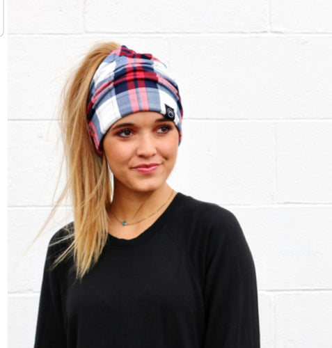 Pretty Simple Messy Bun Beanie (Red/Navy Plaid)