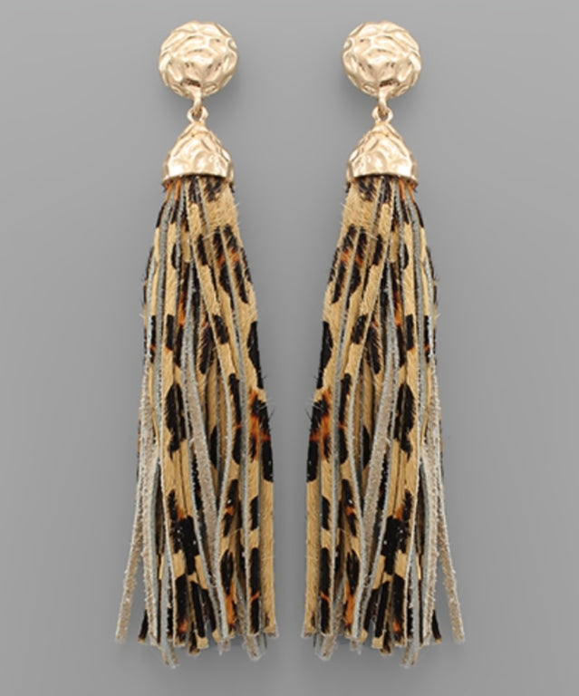 Cowhide Tassel Earrings (Beige/Leopard)