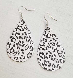 Black/White Leopard Print Leather Teardrop Earrings