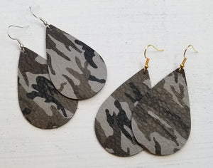 Gray Camouflage Leather Teardrop Earrings