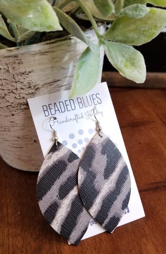 Large Gray Toned Animal Print Marquise Leather Earrings