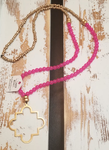 Pink/Gold Beaded Necklace w/ Gold Geometric Pendant