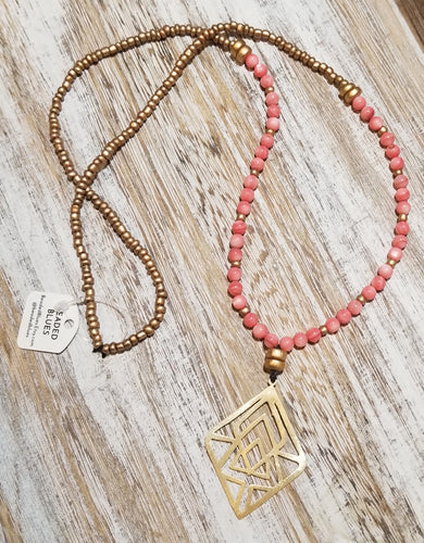 Coral/Gold Beaded Necklace w/ Gold Geometric Diamond Pendant