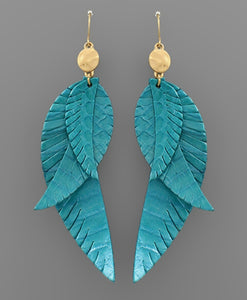 Multi Feather Leather Earrings (Teal)