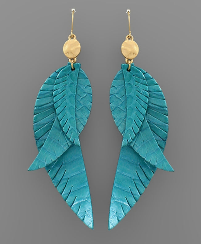 Multi Feather Leather Earrings (Teal)