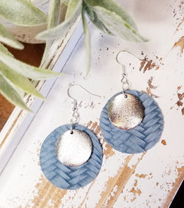 Round Leather w/ Metal Accent Earrings (Slate Blue/Silver)
