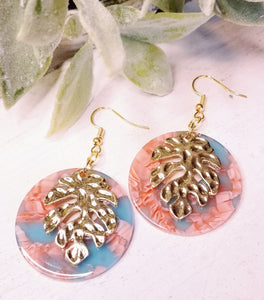 Open Circle Coral/Blue Acrylic with Gold Leaf Accent Earrings
