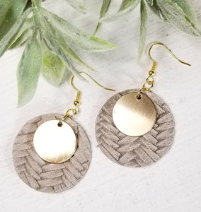 Round Leather w/ Metal Accent Earrings (Taupe/Gold)