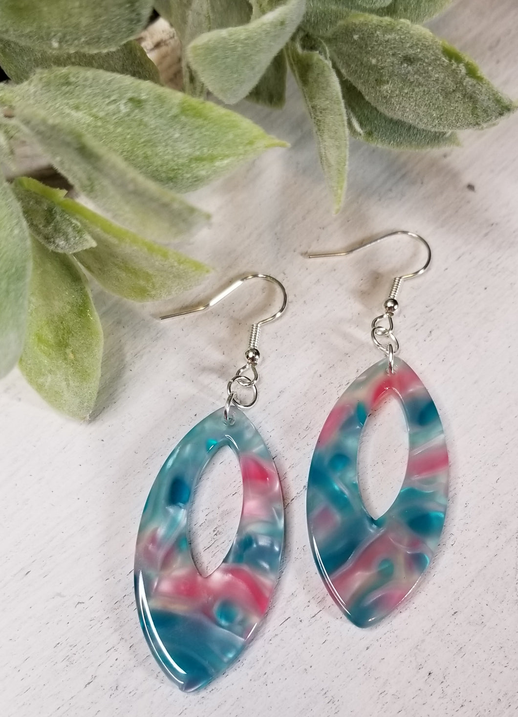 Open Marquise Cut Acrylic Teal/Pink Earrings