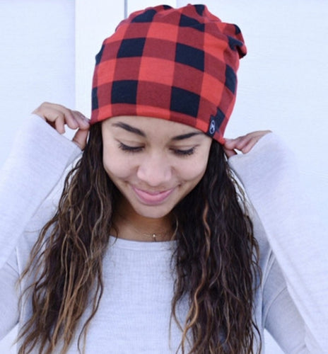 Pretty Simple Messy Bun Beanie (Red/Black Buffalo Plaid)