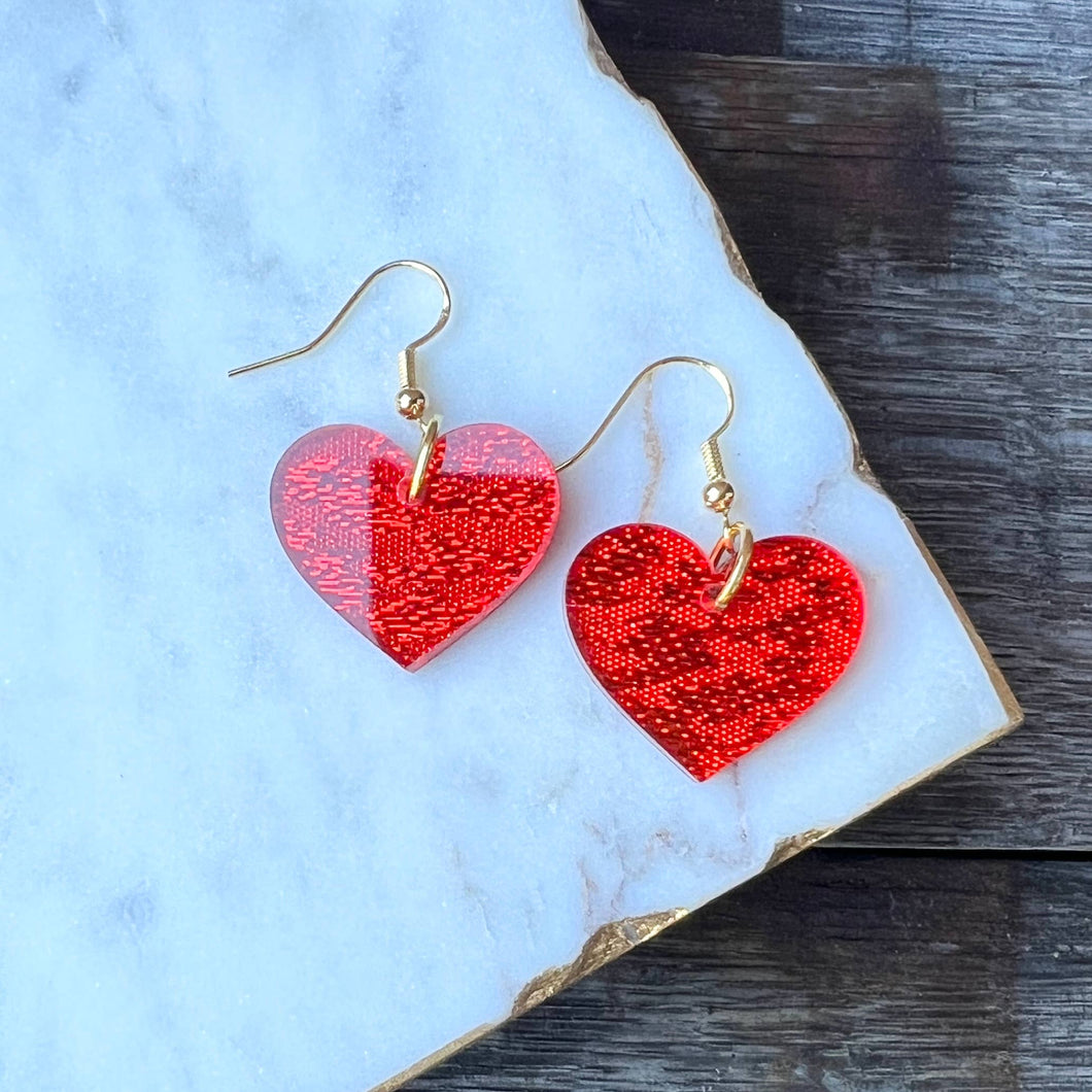 Valentine's Day Earrings - Red Shimmer Heart Dangle Earrings