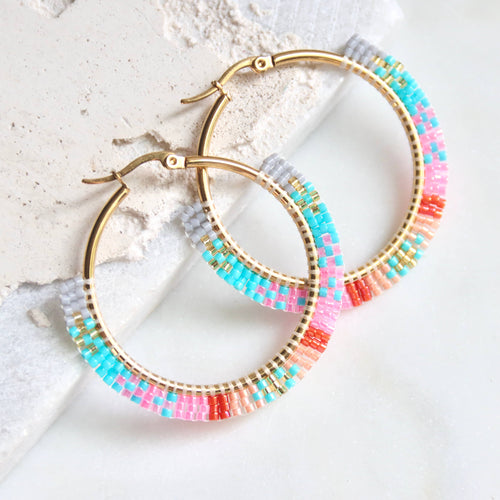 Seed Bead Geometric Hoop Earrings - Pastel