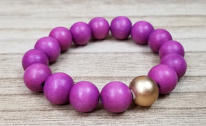 Hot Pink Chunky Wood Bracelet w/ Gold Accent