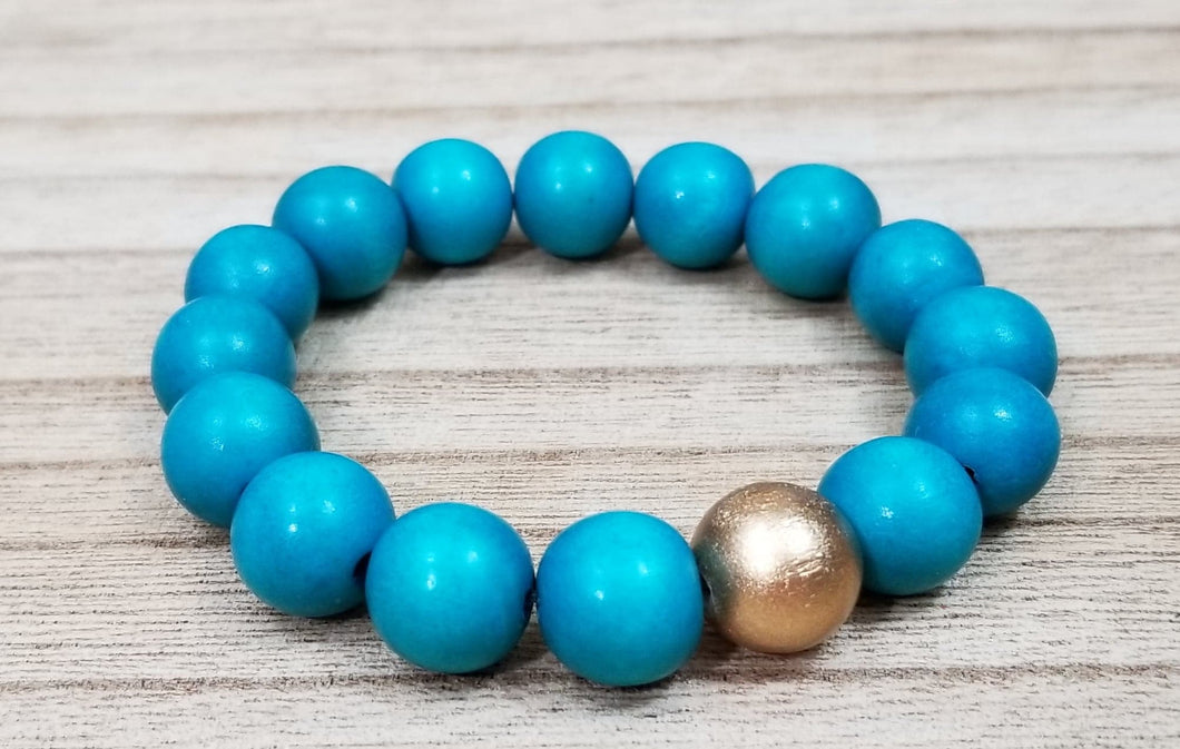 Teal Chunky Wood Bracelet w/ Gold Accent