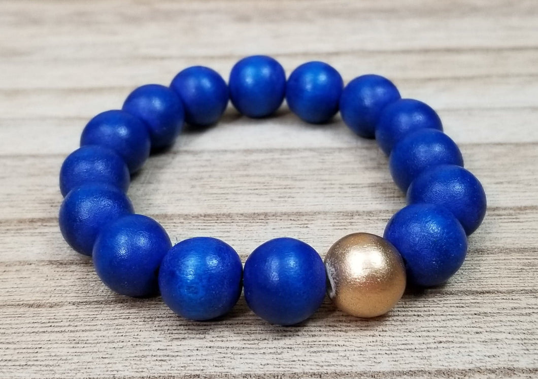 Royal Blue Chunky Wood Bracelet w/ Gold Accent